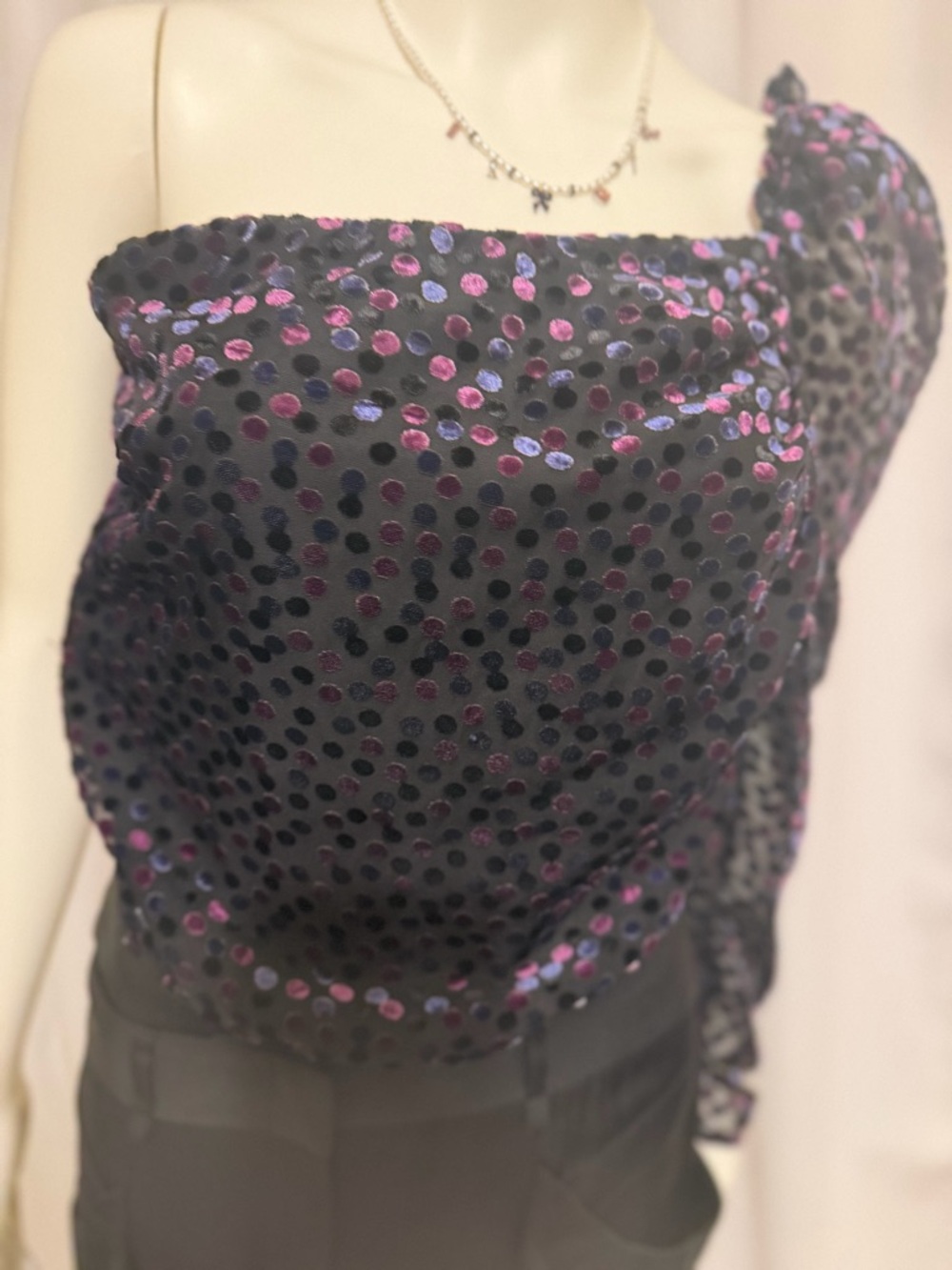 ASTR The Label Isolde One Shoulder Velvet Whimsical Bodysuit - Purple & Blue Dot